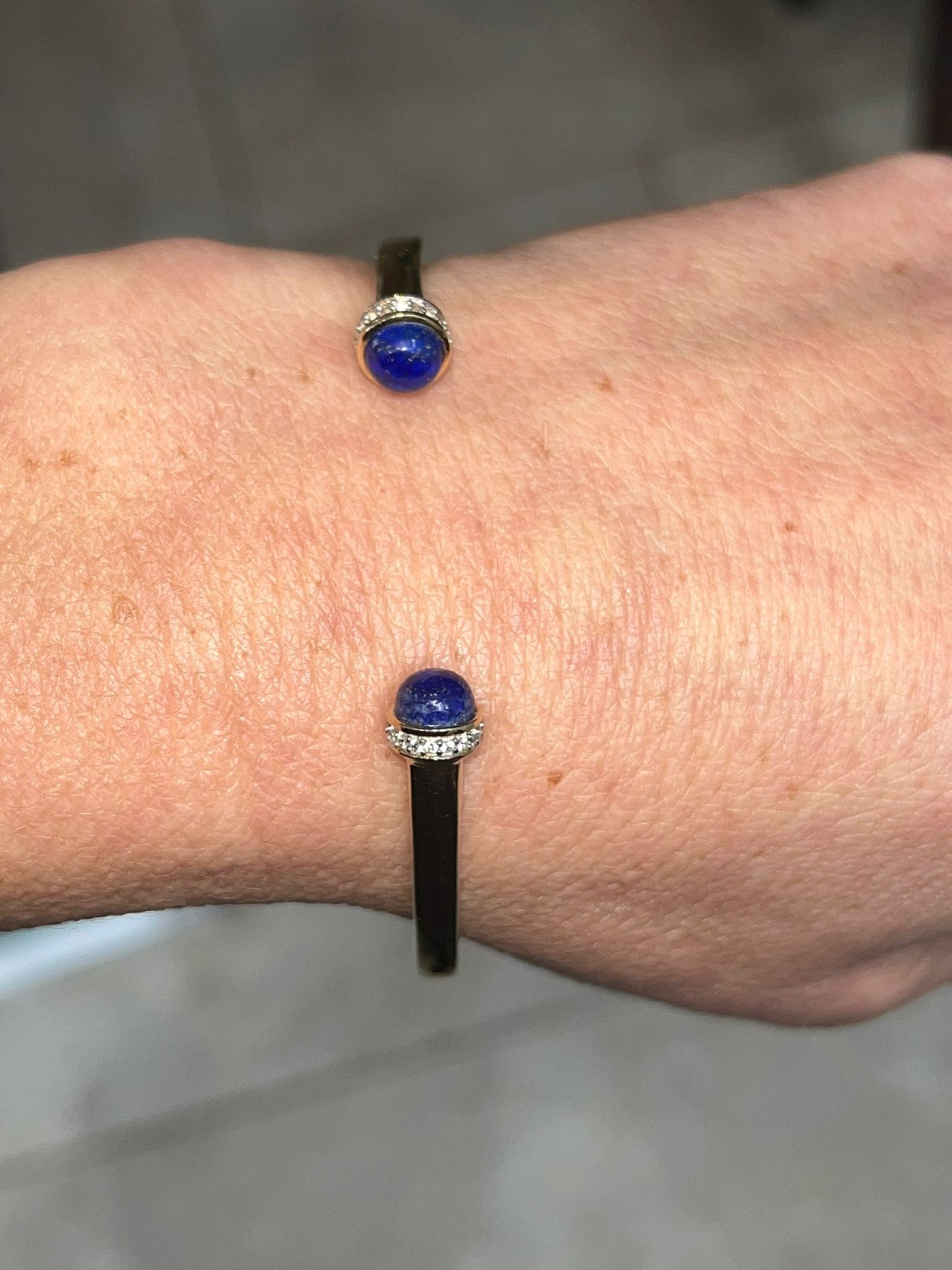 Elegant 9ct gold plated on sterling silver lapis lazuli and diamond bangle