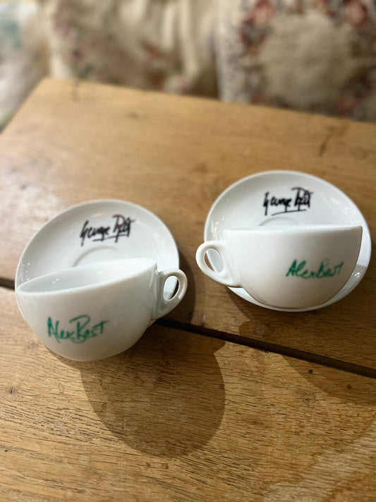 Pair of vintage, celebrity signed coffee cups - George Best and Alex Best