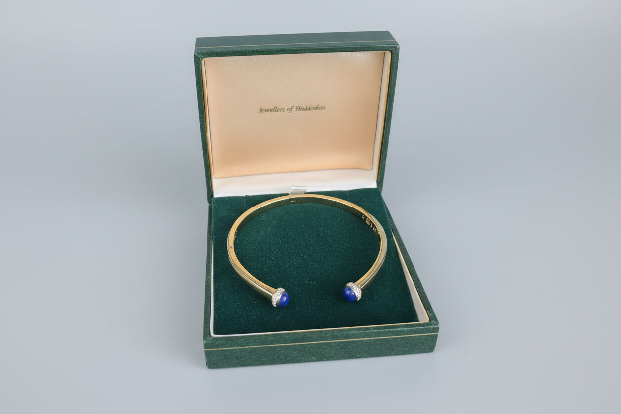 Elegant 9ct gold plated on sterling silver lapis lazuli and diamond bangle