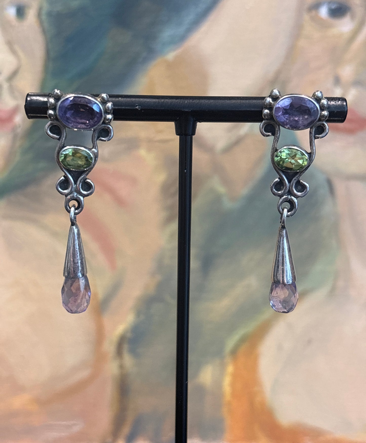 Vintage amethyst and peridot sterling silver earrings