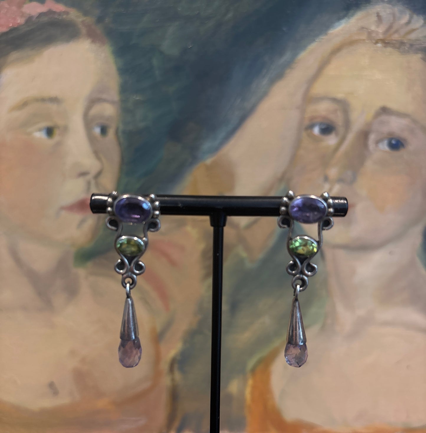 Vintage amethyst and peridot sterling silver earrings