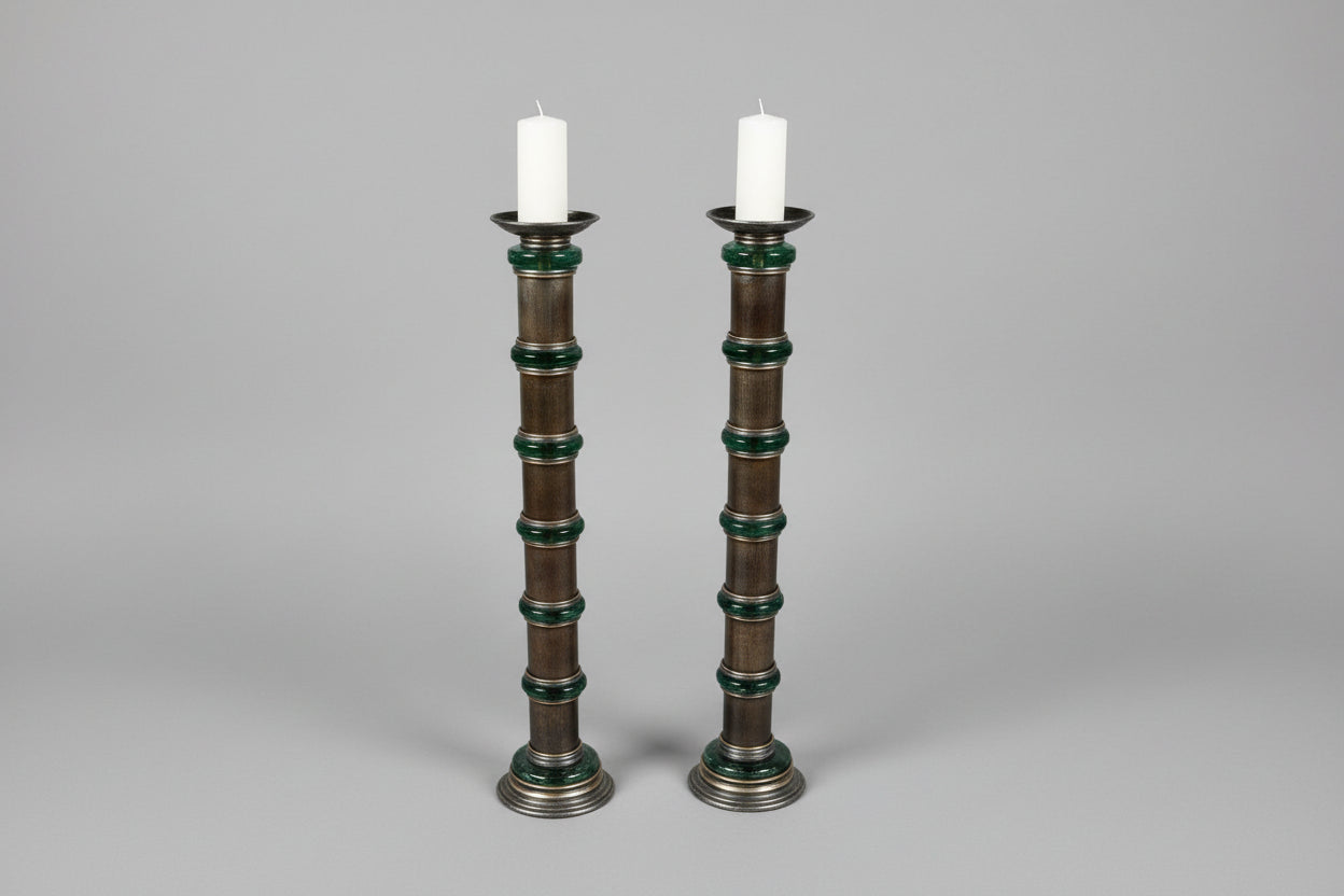 Impressive pair of 1950s Hollywood Regency chromed metal and green glass floor standing torcheres