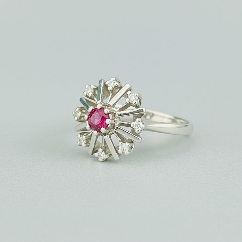 Beautiful 18ct white gold, ruby and diamond starburst ring