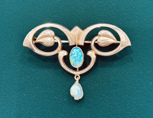 Beautiful Antique 9ct Gold Art Nouveau Opal & Pearl Brooch by Barnet Henry Joseph